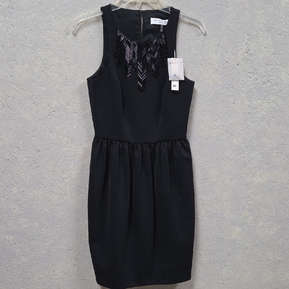 Trina Turk Black Sleeveless Mini Dress With Beaded Neckline Cinched Waistline